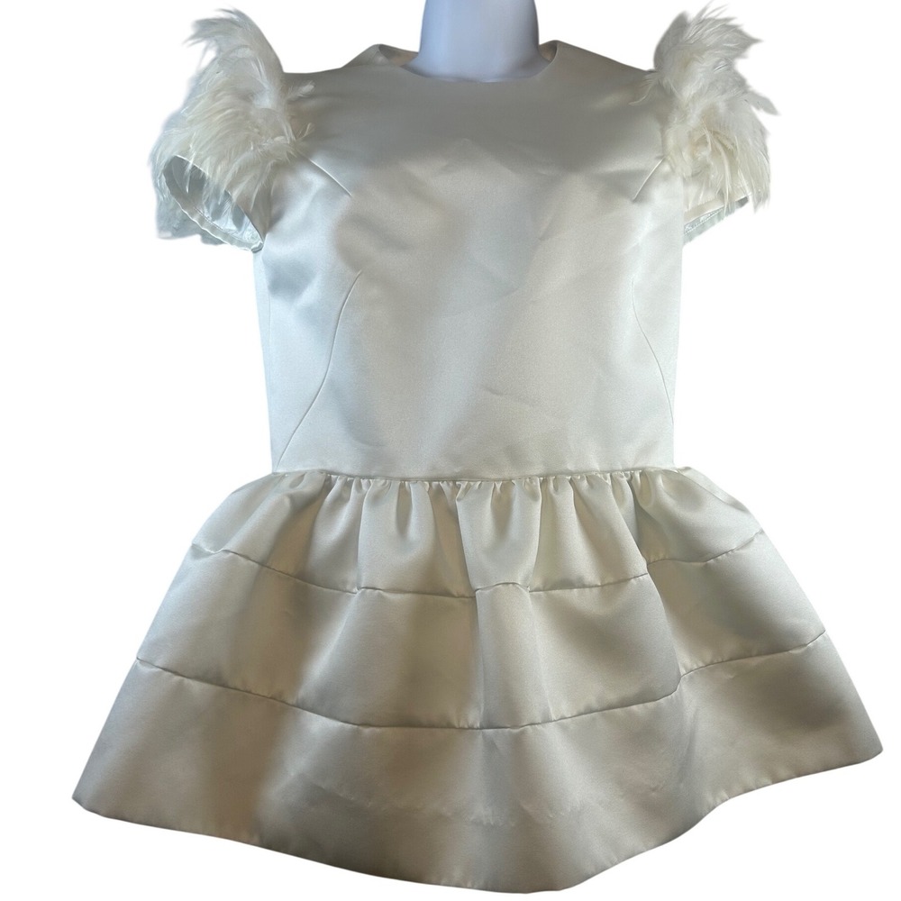 Poesia Ivory Satin‎ Feather Sleeve Tiered Fit & Flare Dress Special Occasion